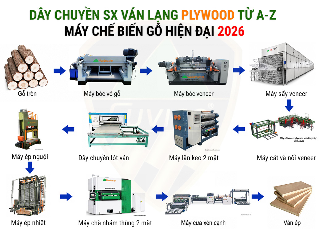Hệ thống máy chế biến gỗ trong dây chuyền sản xuất lạng Plywood